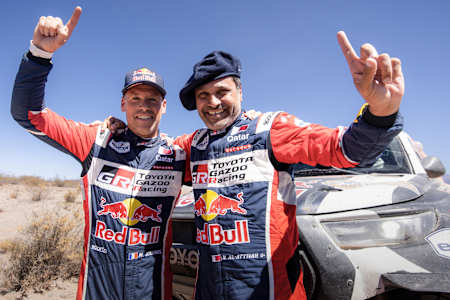 Nasser Al-Attiyah & Mathieu Baumel at the finish line of Desafio Ruta 40 2023 in Salta, Argentina on September 1, 2023.