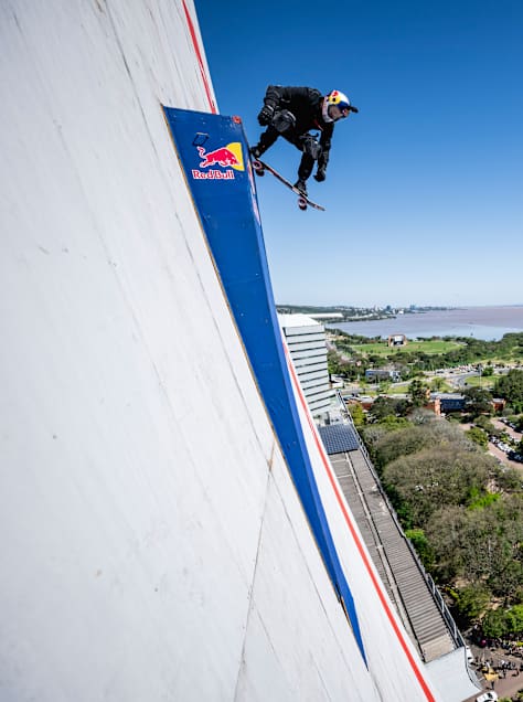Sandro Dias launches from a towering wall during Red Bull Building Drop in Porto Alegre, Brazil, on 25 September 2025