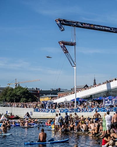 Molly Carlson of Canada dives from the 21 metre platform at the Oslo Opera House during the final competition day of the Red Bull Cliff Diving World Series in Oslo, Norway on August 13, 2022.