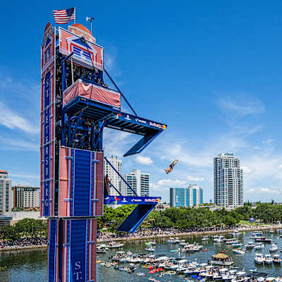 Constantin Popovici of Romania performs a breathtaking dive from the 27 metre platform at the Red Bull Cliff Diving World Series in St. Petersburg, United States on June 6, 2026