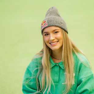 Kelly Sildaru posing for portrait with her personal picture Red Bull can in Estonia on January 19, 2023.