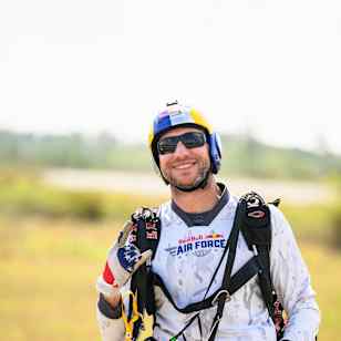 Andy Farrington celebrating after a skydive during the 2025 Red Bull Global Aerial Performance Camp in the Grand Bahamas on March 9, 2025.