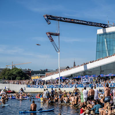 Molly Carlson of Canada dives from the 21 metre platform at the Oslo Opera House during the final competition day of the Red Bull Cliff Diving World Series in Oslo, Norway on August 13, 2022.