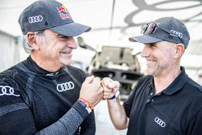 Carlos Sainz and Stéphane Peterhansel seen in Agadir before Rallye du Maroc on  September 26, 2022. 