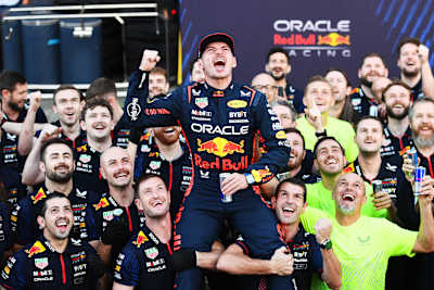 Max Verstappen celebrates with his team in the Pitlane after the F1 Grand Prix of Brazil at Autodromo Jose Carlos Pace on November 05, 2023 in Sao Paulo, Brazil. 