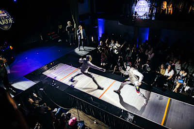 Fencers Alex Choupenitch (right) and Miles Chamley-Watson( left) competing at the Red Bull En Garde event on September 6, 2022.