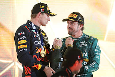 Race winner Max Verstappen and Fernando Alonso attend the press conference after the Bahrain GP at Bahrain International Circuit on March 5, 2023. 