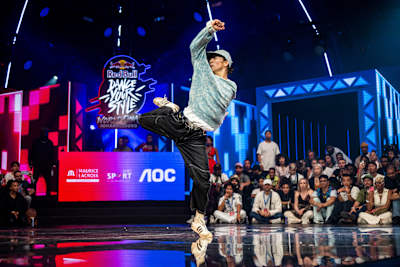 THE D Soraki dancing on the stage of the Red Bull Dance Your Style World Final.