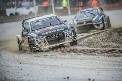 El Audi S1 de Mattias Ekström en el Campeonato del Mundo FIA de RallyCross en Loheac, Francia, el 1 de septiembre de 2017.