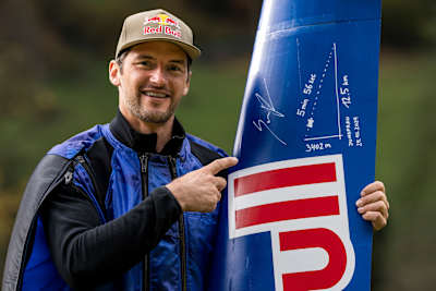 Peter Salzmann celebrates his Red Bull Wingsuit Foil Project event in Lauterbrunnen, Switzerland.