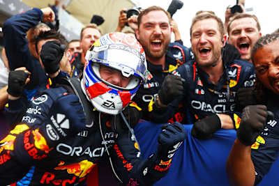 Max Verstappen of Oracle Red Bull Racing celebrates with his team in parc ferme during the F1 Grand Prix of Brazil at Autodromo Jose Carlos Pace on November 3, 2024 in Sao Paulo, Brazil.