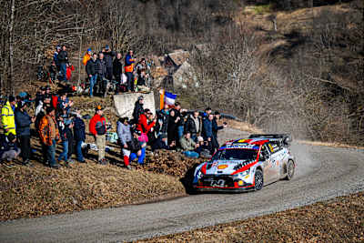 Thierry Neuville (BEL) and Martijn Wydaeghe (BEL) Of team HYUNDAI SHELL MOBIS WORLD RALLY TEAM are seen on road section during World Rally Championship Monte-Carlo in Gap, France on January 28, 2024 