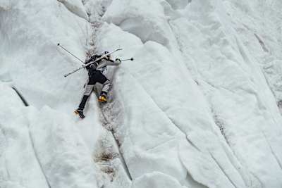 In 2018, Andrzej Bargiel scales an icy crevasse while attempting K2 ascent.