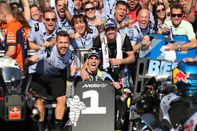 Fermin Aldeguer and Alex Marquez celebrate during Stop 18 of the MotoGP World Championship at the Mandalika International Street Circuit in Indonesia on October 5, 2025.   