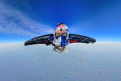 Sebastián Álvarez seen flying through the air in a custom wingsuit .