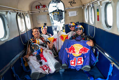 Fred Fugen, Sebastian Alvarez, Mike Swanson, and Andy Farrington gear up for the 2025 Aerial Performance Camp in the Bahamas, ready to showcase Red Bull’s high-flying spirit