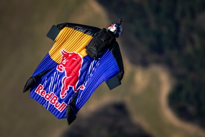 View on Sebastián Álvarez in his wingsuit during one of his training jumps for the Red Bull Starman Mission project.