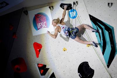 Janja Garnbret performing at the IFSC Climbing World Cup 2024 in Innsbruck, Austria on June 30, 2024.
