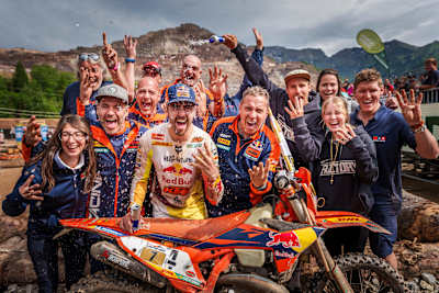 Hard Enduro rider Manuel Lettenbichler celebrates after winning Red Bull Erzbergrodeo for a fourth straight year in 2025. 