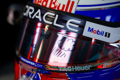 The race helmet of Max Verstappen in the garage prior to qualifying ahead of the F1 Grand Prix of Brazil at Autodromo Jose Carlos Pace on November 02, 2024 in Sao Paulo, Brazil. 