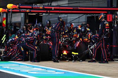 Yuki Tsunoda of Japan driving the (22) Oracle Red Bull Racing RB21 makes a pitstop during the F1 Grand Prix of Great Britain at Silverstone Circuit on July 06, 2025