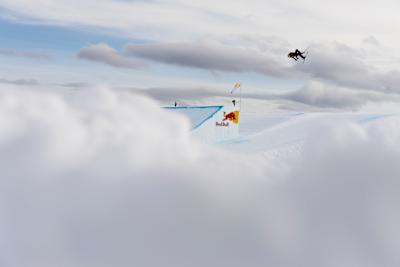 On January 17, 2026, Eileen Gu seen mid-run as she wins the Freeski Slopesyle competition at the Laax Open in Laax, Switzerland.