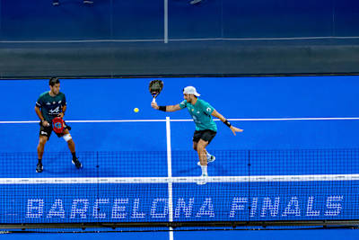 On December 14, 2025, Alejandro Galán and Fede Chingotto compete at the Final Premier Padel 2025 Finals in Barcelona, delivering dynamic Red Bull-fuelled energy on the blue court