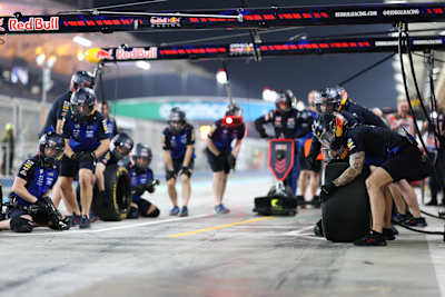 The Oracle Red Bull Racing pit crew ready for a pitstop during day two of F1 Testing at Bahrain International Circuit on February 12, 2026