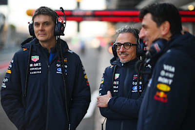 Laurent Mekies and Ben Waterhouse, Head of Performance Engineering of Oracle Red Bull Racing look on in the Pitlane during day one of F1 Shakedown at Circuit de Catalunya on January 26, 2026