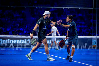 Fede Chingotto and Ale Galán competing during the Qatar Airways Premier Padel Finals in Barcelona, Spain on December 12, 2025.