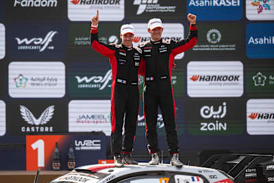 Sebastien Ogier of team TOYOTA GAZOO RACING WRT celebrates winning the WRC world title in Jeddah, Saudi Arabia. 