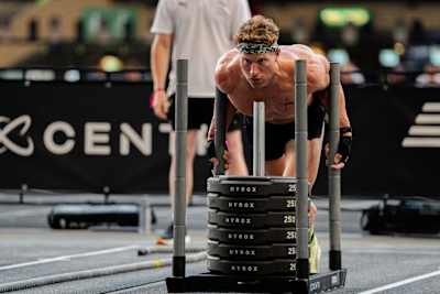 Hunter McIntyre performs at the Hyrox World Championship in Nice, France, on 7th June 2024.
