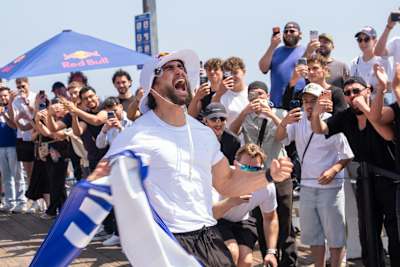 Arda Saatçi is emotional as he completes the 2026 Red Bull Cyborg Season Ultra 600 in Santa Monica, CA, USA on May 10, 2026.