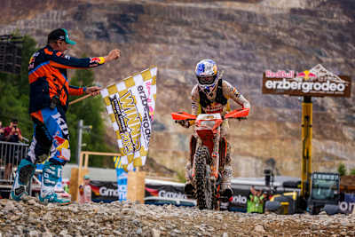 Manuel Lettenbichler crosses the finish line in first place at Red Bull Erzbergrodeo 2025 in Eisenerz, Austria. 