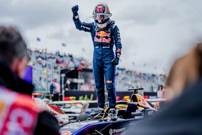 Alisha Palmowski celebrates her Race 3 victory for Campos Racing in parc fermé during F1 Academy Round 2 at Circuit Gilles Villeneuve in Montreal. (Photo by Sona Maleterova/Getty Images)