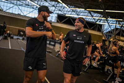 Alexander Rončević and Jake Dearden compete in the Elite 15 at the Hyrox Major in Amsterdam, Netherlands on October 10, 2024, powering through Season 1 with Red Bull energy