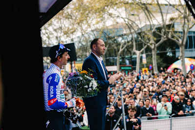Florian Lipowitz of Red Bull – BORA – hansgrohe is honoured on stage after Stage 7 of the 105th Volta a Catalunya in Barcelona, Spain, on March 29, 2026, greeted by cheering fans