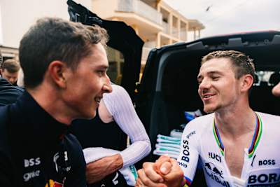 Remco Evenepoel and Florian Lipowitz of the Red Bull – BORA - hansgrohe team are photographed during the Trofeo Ses Salines (24km) in Mallorca, Spain on January 29, 2026.