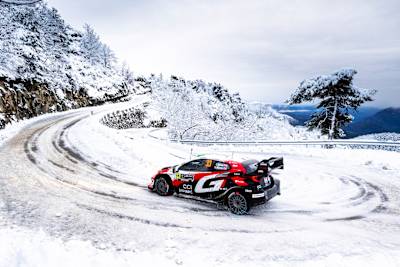 Elfyn Evans (GBR) Scott Martin (GBR) Of team TOYOTA GAZOO RACING WRT  are seen performing during the  World Rally Championship Monte-Carlo in Gap, France on  25,January. 2025