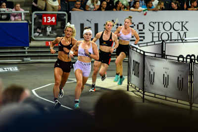 Lucy Procter and Sinead Bent run between stations during the Elite Double of the HYROX World Championship in Stockholm, Sweden in June 2026.