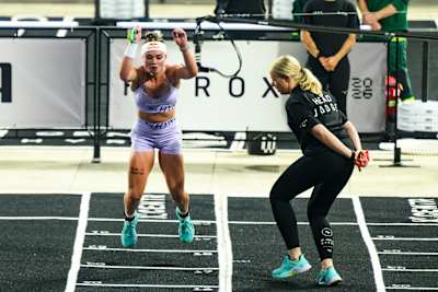 Lucy Procter tackles the Burpee Broad Jumps in the Elite Doubles race at the HYROX World Championship in Stockholm, Sweden in June 2026.