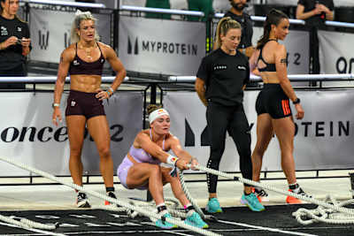 Lucy Procter and Sinead Bent during the sled pull in the Elite Doubles race at the HYROX World Championship in Stockholm, Sweden in June 2026.