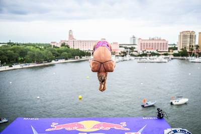 Lisa Faulkner dives from the 21 metre platform at Red Bull Cliff Diving World Series in Saint Petersburg, USA, on June 4, 2026, showcasing fearless athleticism and precision