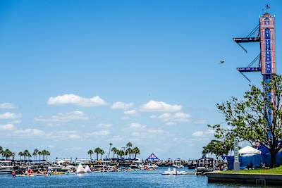 On June 5, 2026, Oleksiy Prygorov of Ukraine dives from the 27 metre platform at the Red Bull Cliff Diving World Series second stop in St. Petersburg, USA, thrilling crowds under blue skies