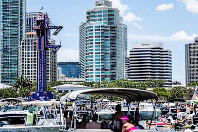 Maike Halbisch of Germany stands ready on the 21 metre platform at the 2026 Red Bull Cliff Diving World Series in St. Petersburg, USA, surrounded by boats and an energetic waterfront crowd