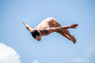 Jonathan Paredes of Mexico performs a daring dive from the 27 metre platform during the Red Bull Cliff Diving World Series 2026 in Saint Petersburg, USA, showcasing true Red Bull adrenaline
