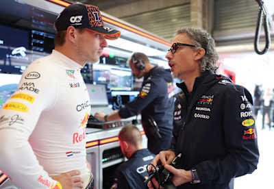 Max Verstappen and Laurent Mekies, Team Principal of Oracle Red Bull Racing, talk in the garage prior to the F1 Grand Prix of Belgium at Circuit de Spa-Francorchamps on July 27, 2025.