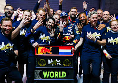 2024 F1 World Drivers Champion Max Verstappen of Oracle Red Bull Racing celebrates with his team after the F1 Grand Prix of Las Vegas on November 23, 2024 in Las Vegas, Nevada
