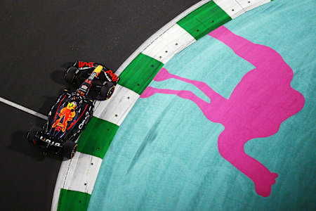 Sergio Perez driving the Oracle Red Bull Racing RB19 during the F1 Grand Prix of Saudi Arabia at Jeddah Corniche Circuit on March 19, 2023.