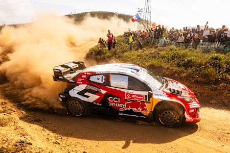 Sébastien Ogier and the Toyota Gazoo Racing World Rally Team tackle the dusty Porto stage at World Rally Championship Portugal on May 7, 2026